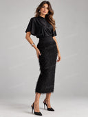 Elegant Mock Neck Top & Fuzzy Fringe Midi Skirt Two Piece Set