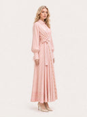 Pink Stripe Print Long Sleeve Waist Tie Maxi Shirt Dress