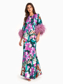 Elegant Floral Print Feather Cuff Satin Maxi Dress