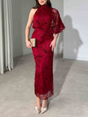 Elegant Glitter Floral Mesh Midi Dress