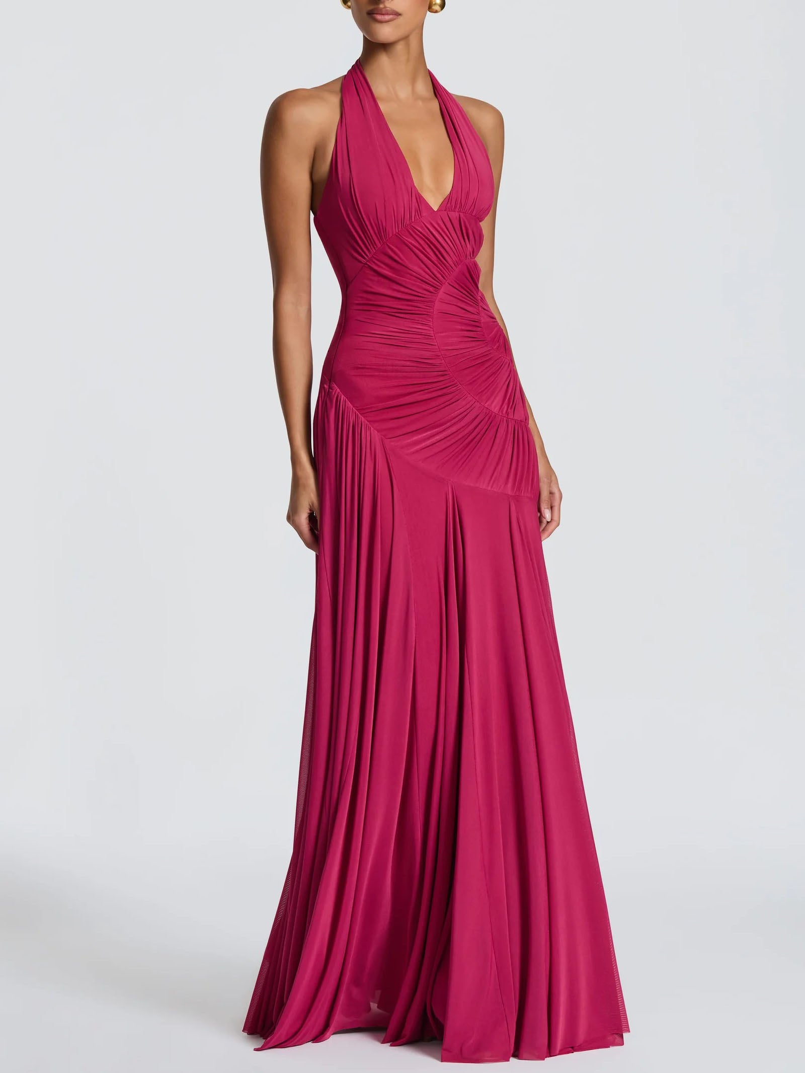Elegant Halter Neck Ruched Pleated Maxi Dress
