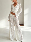 Sexy Lace Wrap Top & Wide-Leg Pants Two-Piece Set