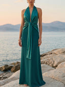 Elegant Halter Twist Front Satin Maxi Dress