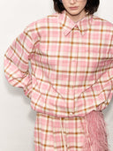 Classic Plaid Loose Shirt & Feather-Trim Skirt Two-Piece Set