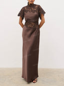Elegant Lace Satin Panel High Neck Maxi Dress