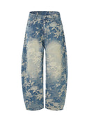Floral Print Washed Denim Barrel Leg Jeans