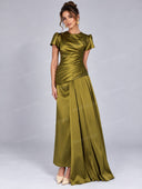 Elegant Satin Ruched Short Sleeve Maxi Dress