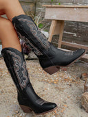 Faux Leather Embroidered Mid-Calf Western Cowboy Boots