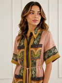 Retro Scarf Print Belted Shirt Maxi Dress