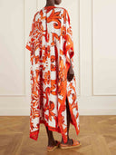 Elegant Self-Tie Satin Print Flowing Kaftan Maxi Dress