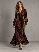 Retro Floral Velvet Lace Trim Maxi Dress