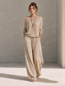Casual Relaxed Boat Neck Knit Top & Drawstring Wide Leg Pants Set