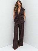 Tailored Blazer Vest Mesh Bodysuit Wide Leg Pants Three Piece Set