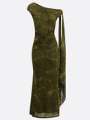 Floral Jacquard Velvet One Shoulder Ruched Maxi Dress