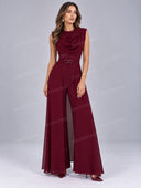 Elegant Draped Cowl Neck Belted Wide-Leg Jumpsuit