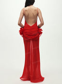 Sexy Floral Applique Draped Waist Sheer Maxi Dress