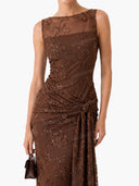 Elegant Floral Embroidered Mesh Ruched Maxi Dress