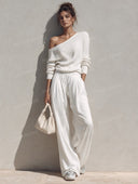 Off Shoulder Knit Top & Wide Leg Pants Set