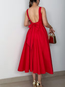 Elegant Red Square Neck Sleeveless Midi Dress