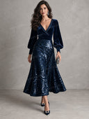 Elegant Sequin Velvet V-Neck Long Sleeve Midi Dress