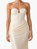 Elegant Strapless Corset Ruched Sequin Maxi Dress