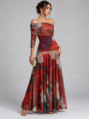 Exquisite Abstract Watercolor Print Sheer Mesh Maxi Dress