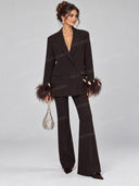 Feather Trim Double Breasted Blazer & Wide Leg Pants Two Piece Set