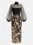 Elegant Floral Embroidered Lace Midi Dress