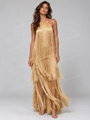 Elegant Gold Fringe Halter Maxi Dress
