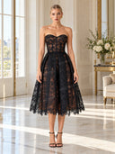 Exquisite Black Off-Shoulder Mesh Lace Cutout Midi Dress