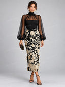Elegant Floral Embroidered Lace Midi Dress