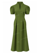 Structured Puff Sleeve Stand Collar Midi Dress