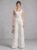 Exquisite Floral Jacquard Belted Wide Leg Jumpsuit