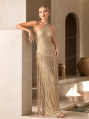 Elegant Backless Knitted Tassel Maxi Dress