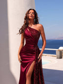 Elegant One-Shoulder Sequin Slit Evening Maxi Dress
