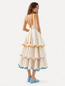 Elegant Color Trim Tiered Ruffle Sleeveless Maxi Dress