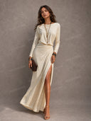 Casual Crew Neck Pleated Slit Maxi Dress