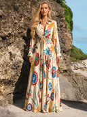 Retro Colorful Floral Print Tie-Front Shirt & Maxi Skirt Two-Piece Set