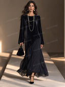 Elegant Velvet Chiffon Long Sleeve Maxi Dress
