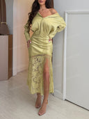 Elegant Satin Off Shoulder Blouse & Lace Midi Skirt Set