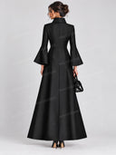 Elegant High Neck Button Front Flared Sleeve Maxi Dress