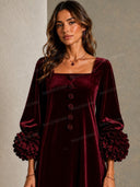 Elegant Velvet Square Neck Floral Cuff Mini Dress