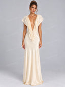 Elegant Plunge V-Neck Ruffle Satin Maxi Dress