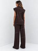 Tailored Blazer Vest Mesh Bodysuit Wide Leg Pants Three Piece Set