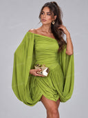Sexy Off Shoulder Ruched Balloon Sleeve Mini Dress