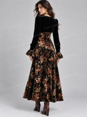 Elegant Floral Velvet Print Sleeve Maxi Dress
