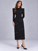 Structured Shoulder High Neck Midi Dress