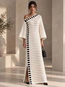 Casual Contrast Stripe Crochet Off-Shoulder Maxi Dress