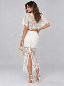 Elegant Lace Shirt Top & Midi Skirt Two Piece Set