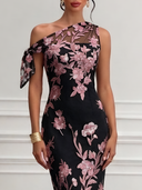 One-Shoulder Floral Embroidery Maxi Dress